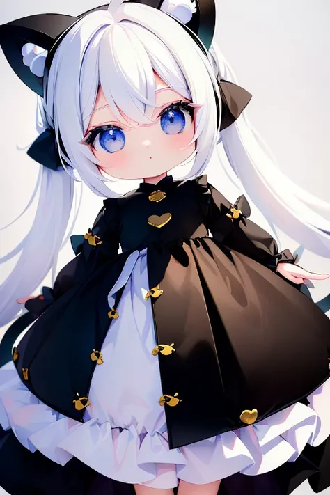 ((Best quality)), ((Masterpiece)),1 girl， animemanga girl，Q version characters， body type，Very short in height，Black color hair，white  skirt，Cat ears，Fierce expression