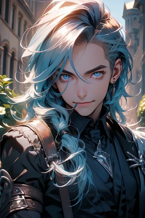 Perfect face. Perfect hands. A muscular blue haired man with silver eyes with long hair in a Gothic suit is smiling while eating lunch in the school garden