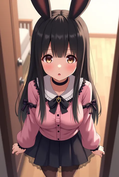 ((high quality)), 1 cute anime girl, 147 cm tall, brown eyes, black hair, hair long straight cascading down to her waist, ((half-up twintail hairstyle)), ((perfect straight bangs)), real black bunny ears, no human ears as she have bunny ears, medium breast...