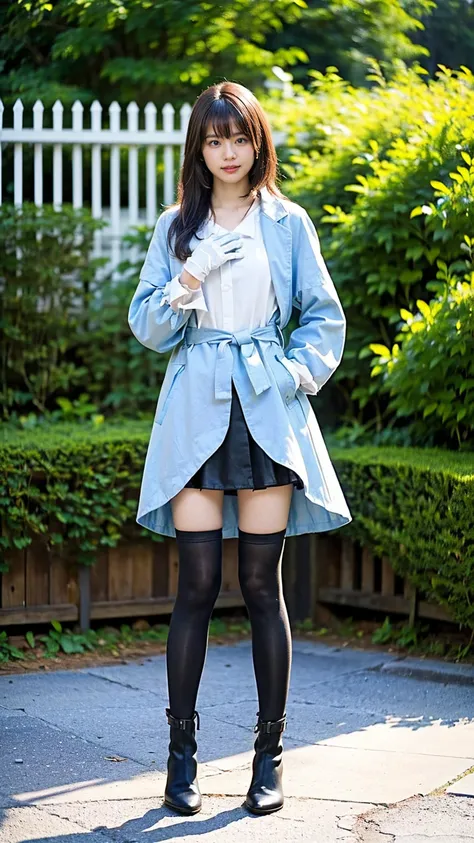 (8k、RAW Photos、Best Quality、masterpiece:1.2)、(Realistic、Realistic)、1 person、((See-through、Light blue and black、Asymmetrical long coat、Medium Hair、check、tights、gloves、mini skirt、Thin legs、boots、View from the front、Looking into the camera、garden、Stand with h...