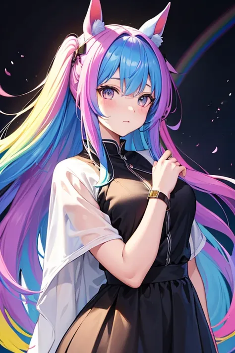 Horse Girl、Horse ears on head、Rainbow hair colour、Gradient hair color、Long Hair、Rainbow Eyes、whole body、