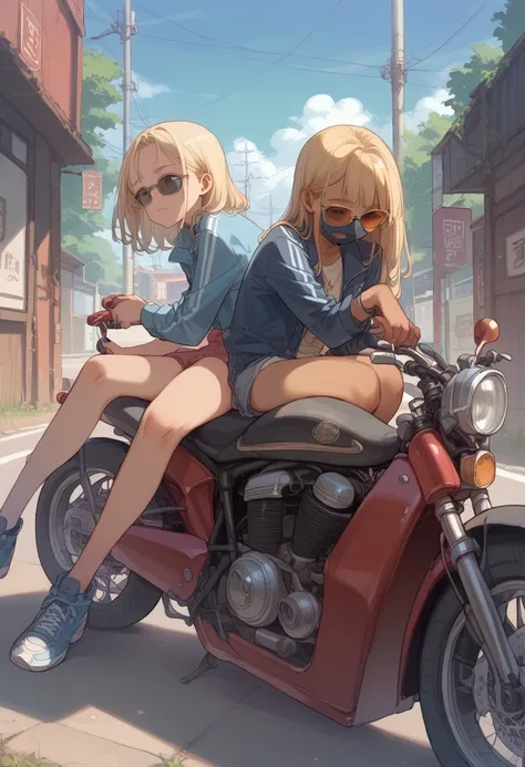 JK Gal、Adult women、Brown Skin、blonde、back、Special Attack Uniform、sunglasses、mask、Sit with legs wide apart、motorcycle