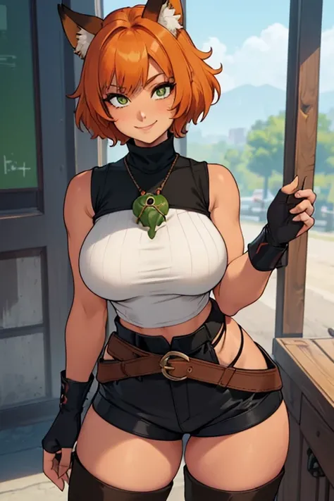 female, orange short hair, green eyes, fox ears, fox tail, (((1girl))), (((tan cropped sleeveless turtleneck shirt))), (black shorts), (black fingerless opera gloves), (black thigh high socks), (brown boots), (brown belt), cute and sexy, full body, huge br...