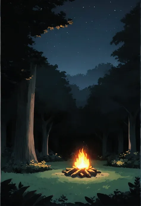 The sky is clear, A quiet park, No people, Anime style, No lightning, Drama, Night time, There is no light from the lightning, the campfire is set up, there is a forest.