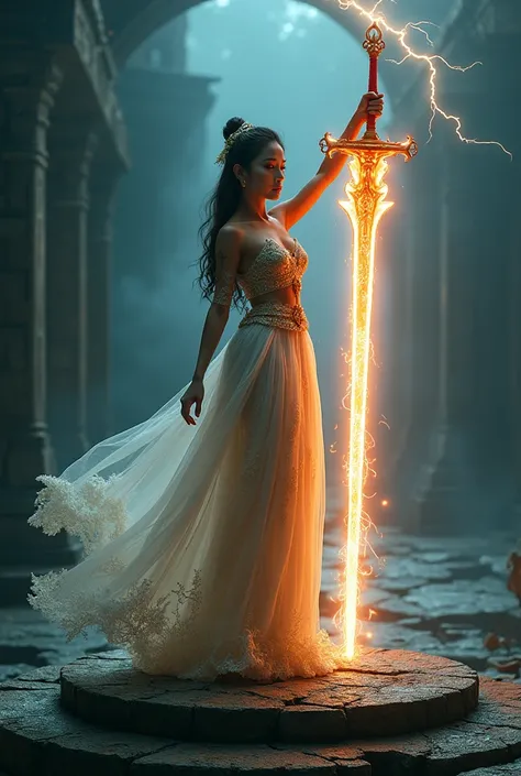 Hyper-realism,A Thai woman in a magnificent dress stands on a stone pedestal.,Look into the camera and raise a large broadsword into the air., Electric glowing sword, A huge lightning struck the sword., Unique natural textures, Minor imperfections