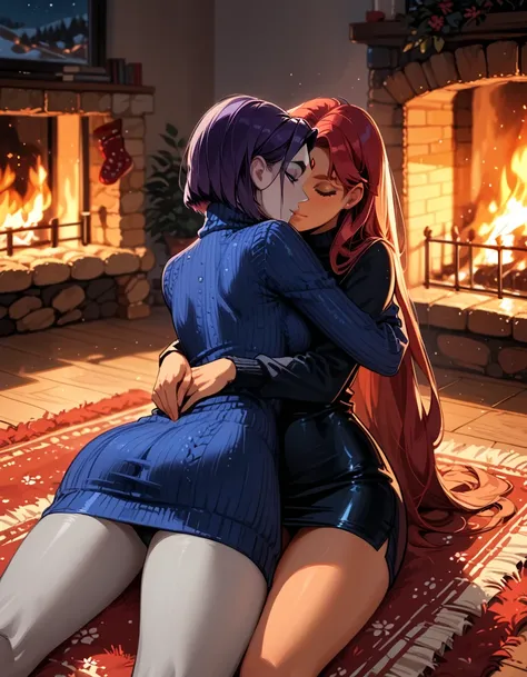 score_9, score_8_up, score_7_up, private mountain lodge, 2girls, duo, couple, yuri, stunningly beautiful women, (Raven from Teen Titans, short hair:1.2), and (Starfire from Teen Titans, long hair:1.3), (wearing short tight sweater dresses:1.4), romantic mo...