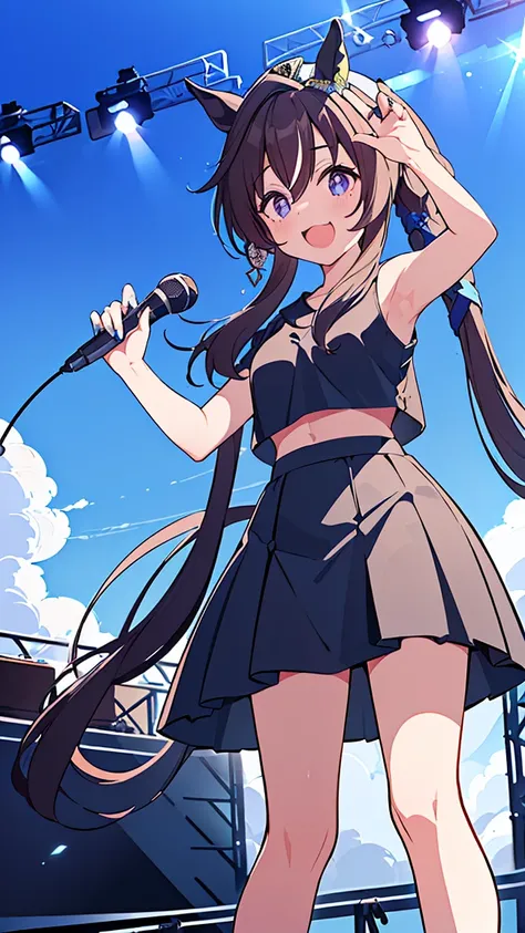 masterpiece, Best Quality, High resolution, Very detailed,(((Viblos))), (((Horse Girl)))、(((Singing。)))、(((Standing at a distance))), (((Facing forward。))), (((Holding a microphone。))), (((stage))), (((Against the backdrop of blue sky))), (((Black T-shirt)...