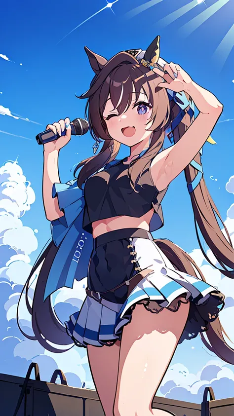 masterpiece, Best Quality, High resolution, Very detailed,(((Viblos))), (((Horse Girl)))、(((Singing。)))、(((Standing at a distance))), (((Facing forward。))), (((Holding a microphone。))), (((stage))), (((Against the backdrop of blue sky))), (((Black T-shirt)...