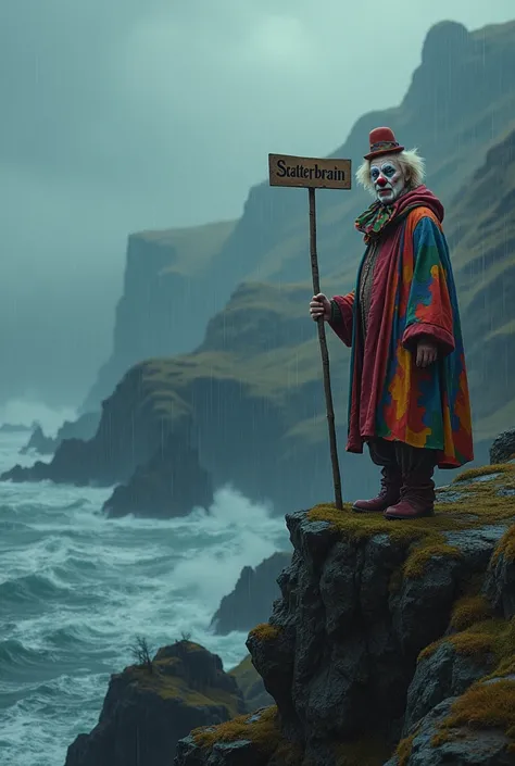 A middle-age-century dressed clown in a colorfull cloak holding a sign saying "SCATTERBRAIN". He is standing at a cliff in the scottish highlands. it is late evening, it is raining, fog rising from the wavy waters