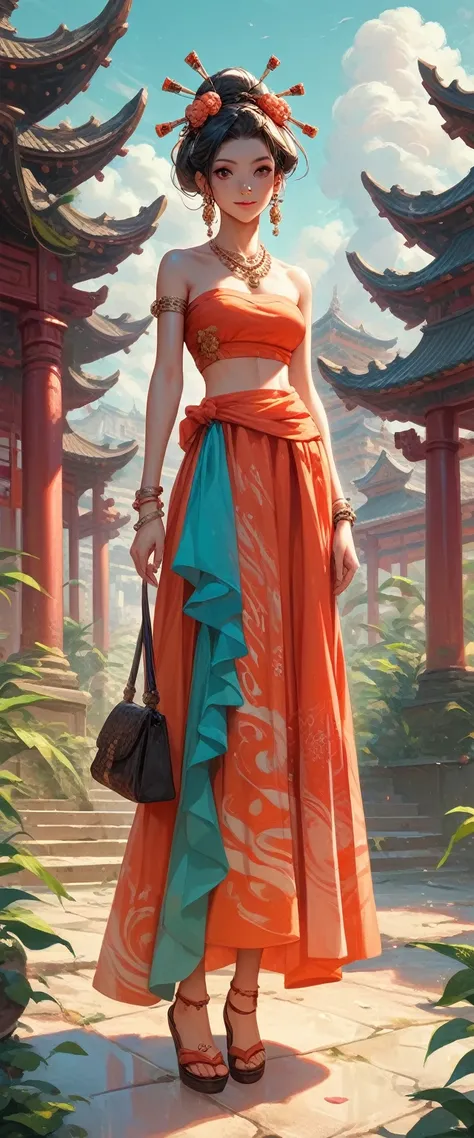 1girl, temple of rats background,,ruanyi1012,sari,dress,tube top,necklace,jewelry,bracelet, full body,score_9,score_8_up,score_7...