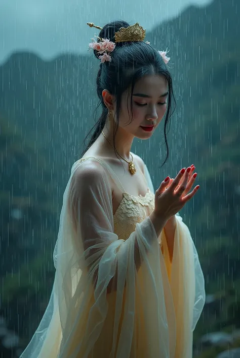 short exposure shot, full body picture,under heavy rain, darkest night,very wet rain,Full body shot ,very beautiful ancient teen chinese concubine,Look up,red lips long nails, soft smile,magnificent, glamorous, gorgeous, random pose, wearing pastel colour ...