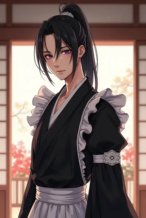 "A handsome Japanese man with sharp, elegant features, wearing a traditional maid outfit in black and white with delicate lace details. He has sleek, straight black hair tied in a ponytail, with a few strands falling over his face. His expression is confid...