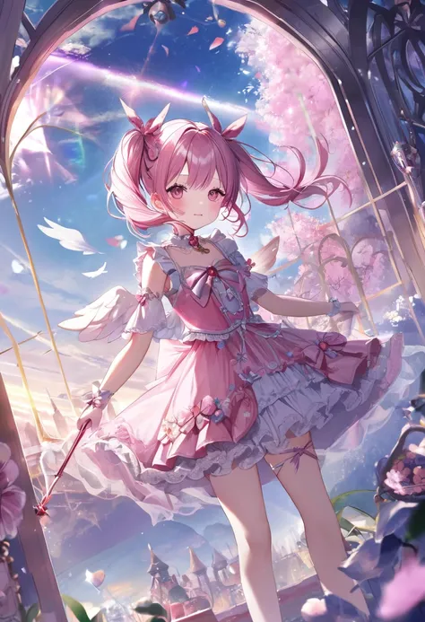 (masterpiece, best quality),(double exposure: 1.2), pastel color, concept art, paint splatters, intricate details. trends in art station, detailed depiction,(A magical girl who flies high in the sky,(twintail hair),pink goth-loli costume,angel wings,),lens...