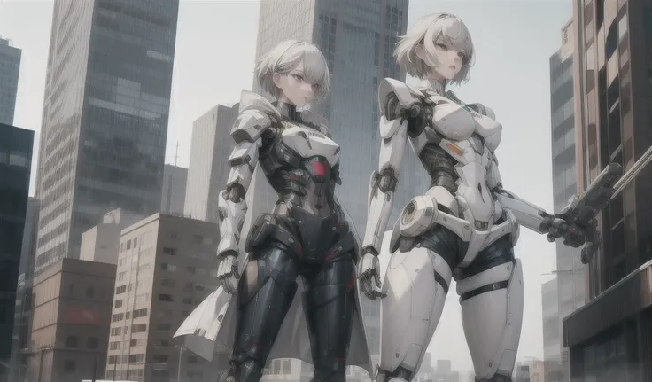 white short hair, female robot，Chest，slim figure，Big coat，shorts，mechanical joint，Armor，thigh，pistol，drone，high-rise buildings