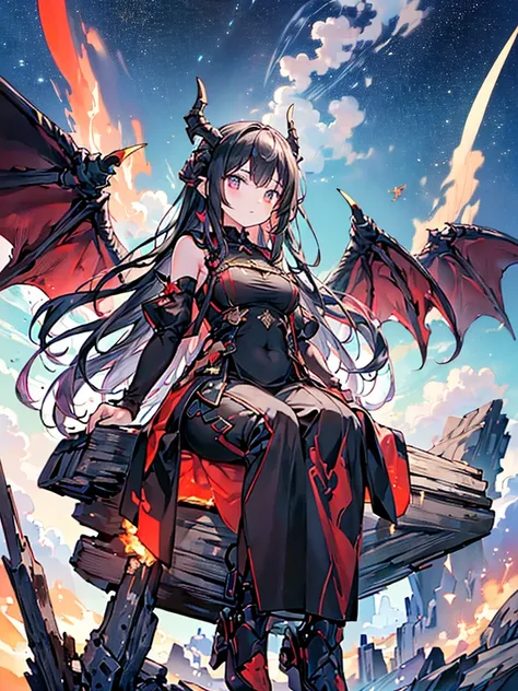 ((masterpiece)), ((Best Quality)), ((High resolution)), ((Highly detailed CG synthesis 8k wallpaper)), ((Beautiful sky:1.3)), (Dragons), (Black Hair), ((Fatty face)), (Detailed eyes), ((Wearing a see-through dress)), (Sitting), Glowing Skin, Red Flame, Glo...