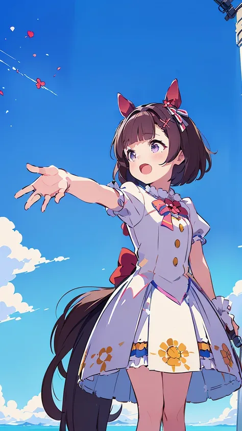 masterpiece, Best Quality, High resolution, Very detailed,(((Nishino Flower))), (((Horse Girl)))、(((Singing。)))、(((Standing at a distance))), (((Facing forward。))), (((Holding a microphone。))), (((stage))), (((Against the backdrop of blue sky))), (((Costum...