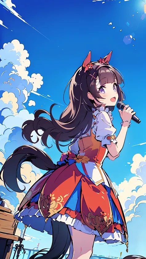 masterpiece, Best Quality, High resolution, Very detailed,(((Nishino Flower))), (((Horse Girl)))、(((Singing。)))、(((Standing at a distance))), (((Facing forward。))), (((Holding a microphone。))), (((stage))), (((Against the backdrop of blue sky))), (((Costum...