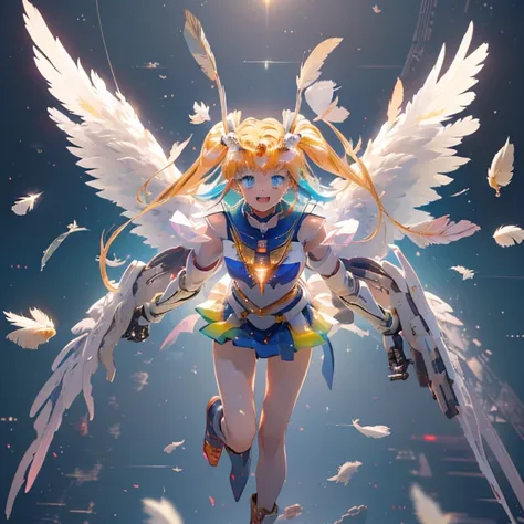 (a bit: 1.2), (masterpiece: 1.4), (Best Quality: 1.4), (She is fused with a Gundam mecha from the future.:1.4), (Very cute angel girl, Ultra detailed face, Jewel-like eyes, White very long hair, Colorful gradient hair: 1.4),Put on head gear, With V-fin ,Me...