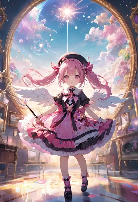 (masterpiece, best quality),(double exposure: 1.2), pastel color, concept art, paint splatters, intricate details. trends in art station, detailed depiction,(A magical girl who flies high in the sky,kawaii,(twintail hair,small beret),pink goth-loli costume...