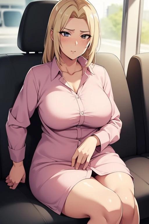 A 50-year-old adult woman with wide hips dressed in a long pink blouse type button-down dress unbuttoned and low-cut and an elegant jacket . She is sitting on a crowded bus and is harassed by a passenger (blushing), on the way to work. full body photo. Wom...