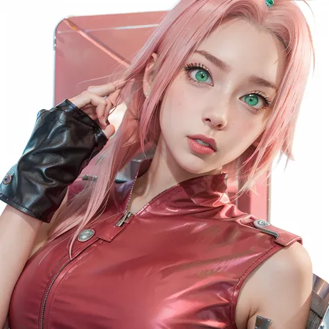 young woman, peach skin, short pink hair, wide forehead, big green eyes, buttoned nose, big pink lips, slender body, small breasts, medieval period clothing, deep neckline, Sakura Haruno, 3d