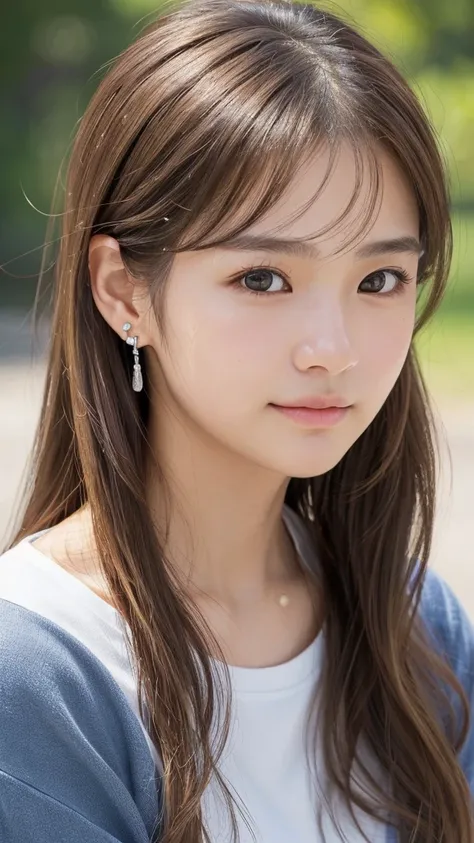 (((masterpiece))), ((photo realistic:1.55)),(ultra detailed face), Japanese girl, fifteen years old, ((broad jawline)),realistic skin, puffy face, no make up, low ponytail, ((Light brown hair)), ((messy hair)), tearful face, Frowning, shy smile,(ultra deta...