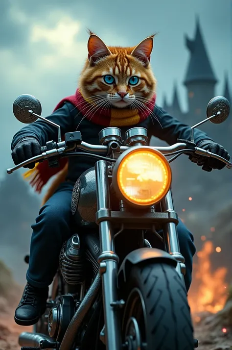 A blue-eyed Harry Potter cat rides a motorcycle to fight Voldemort  