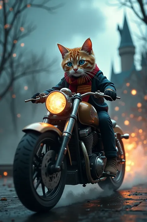 A blue-eyed Harry Potter cat rides a motorcycle to fight Voldemort  