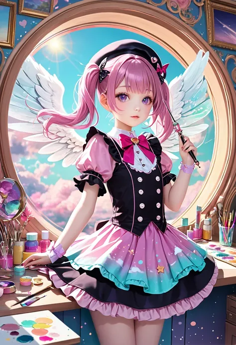 (masterpiece, best quality),(double exposure: 1.2), pastel color, paint splatters, intricate details. trends in art station, detailed depiction,(A magical girl who flies high in the sky,kawaii,(twintail hair,small beret),pink goth-loli costume,angel wings,...