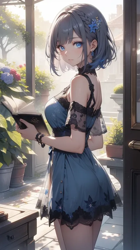 ((8k resolution))、((Best Quality))、((masterpiece))、((Very detailed))Clear Shadows、Vibrant, front,flower々background、Rich colors，Be confident，Boldness，Get noticed，Smart、tendency、Gray Hair,Short Bob、Blue dress、Read a book