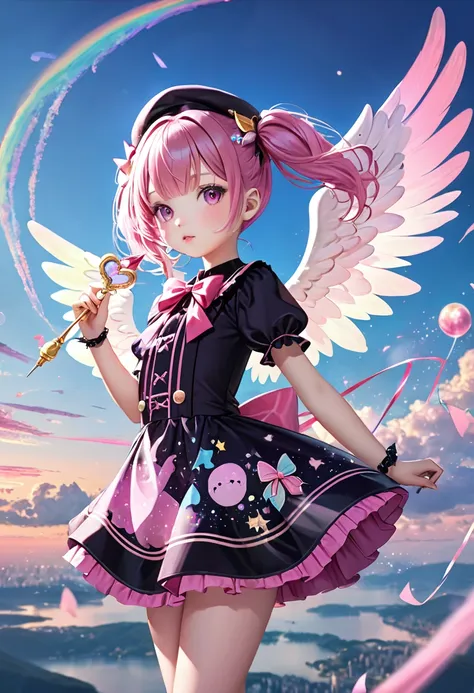 (masterpiece, best quality),(double exposure: 1.2), pastel color, paint splatters, intricate details. detailed depiction,(A magical girl who flies high in the sky,kawaii,(twintail hair,small beret),pink goth-loli costume,angel wings on her butt,),has a chi...