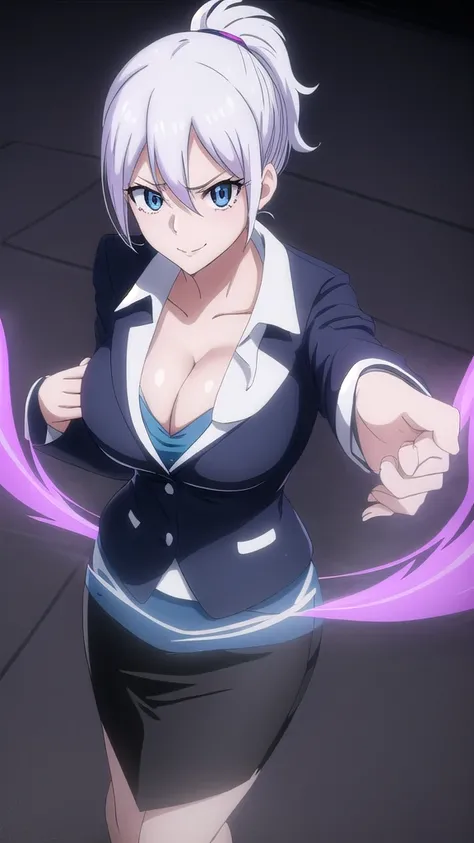  Erotic、Lisanna、White hair ponytail、Big Breasts, Alone,teacher、 An open navy blue blazer、Black pencil skirt, Purple evil background、 Best Quality, Detailed face, Detailed eyes, High resolution,、Evil female executive、Wicked Smile、Cleavage、Sexy pose、Fallen i...