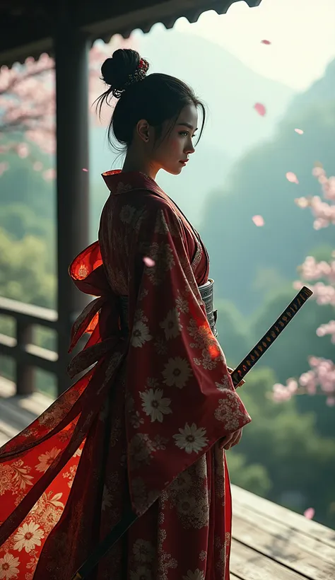 a beautiful female samurai in a traditional japanese kimono, holding a katana sword, standing on a wooden engawa veranda overloo...