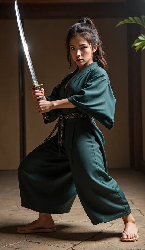 1 japanese female samurai, solo, wearing a kimono and hakama, straw sandals, gripping a razor-sharp japanese katana with a long,...