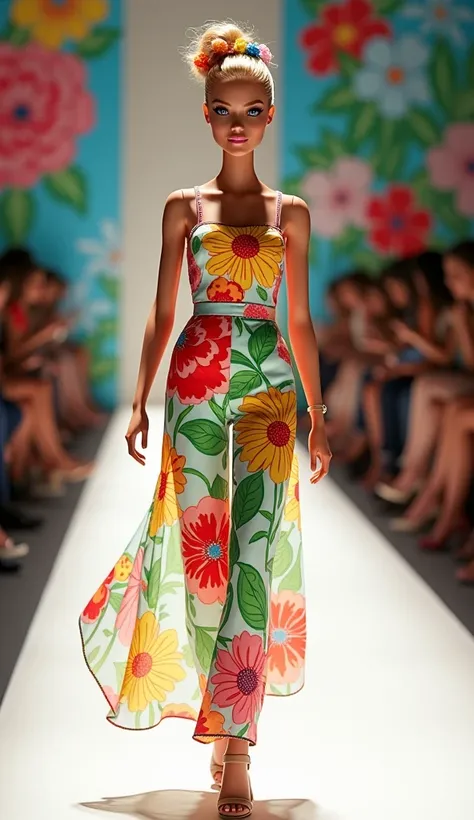 Visualize a vibrant, vibrant outfit for Barbie to strut down a fashion runway, inspired by the colorful and playful style of Romero Britto, honoring spring.

Jumpsuit made from a light, flowing fabric, adorned with floral prints like , in a bright color pa...