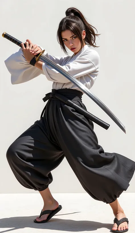 a japanese female samurai, solo, wearing a hakama and kimono, geta sandals, holding a razor-sharp japanese katana with a long, f...