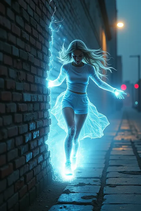 a holographic girl running through a brick wall in the light speed left a light trail behind as in movie