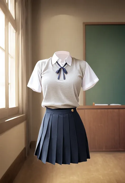 "create an image of a school uniform outfit displayed in a classroom setting. the outfit consists of a grey v-neck sweater over ...