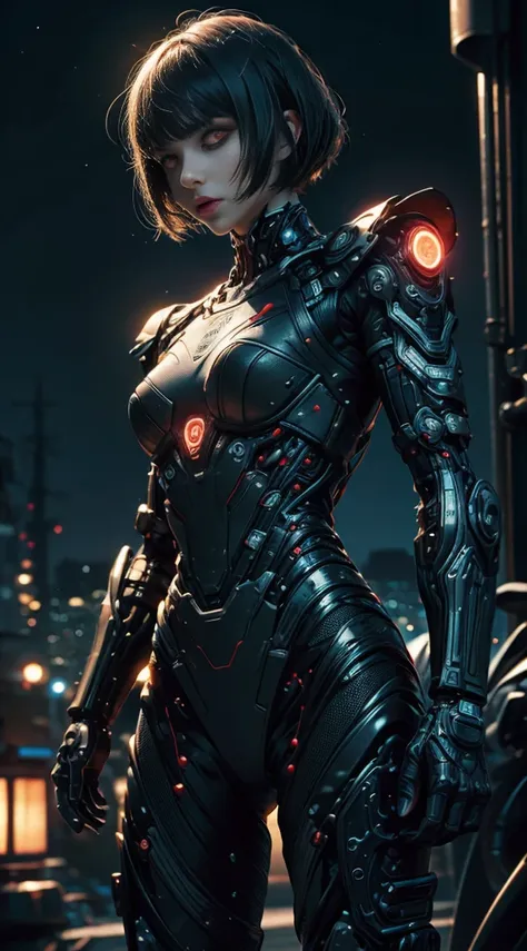 Realistic, perfect masterpiece, high quality, high resolution, highest image quality, 8k hd. 1girl, black bobcut hair, red eyes, glowing eyes, . Cybernetic suit, masks. Night, moon, destuction on the background. Highly detailed background