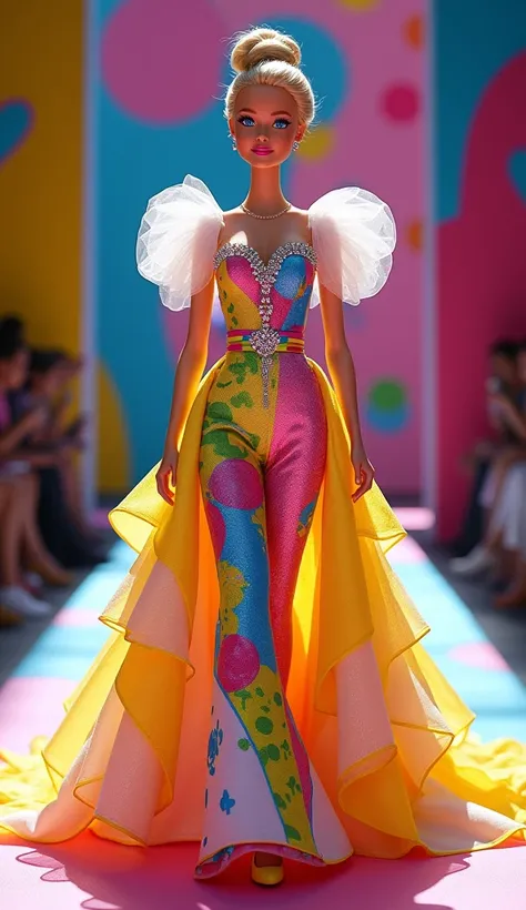 Imagine a vibrant and eccentric wedding dress, inspired by Romero Brittos unique style, ideal for Barbie to walk on a fashion catwalk. The bodice is fitted and structured, adorned with colorful and bold prints, combining geometric shapes and flower figures...