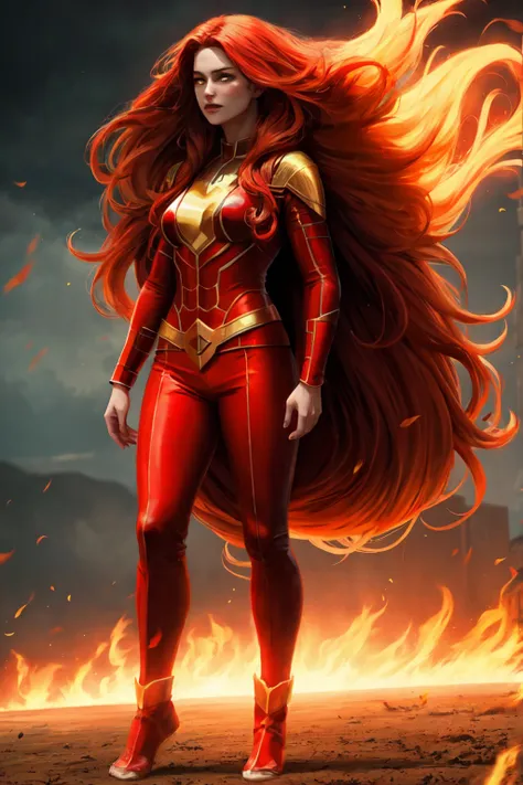 ((full body photo, standing, feet on the ground)) masterpiece,best quality,highres,realistic,1girl,full body,long_hair,fiery_hai...