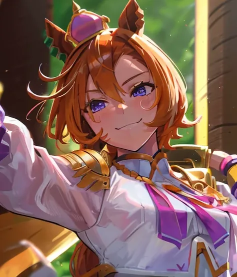 1girl, t.m. Opera About (Uma Musume), animal ears, horse ears, horse girl, short hair, crown, smile, orange hair, purple eyes, shirt, brown hair, mini crown, long sleeves, hair between eyes, Blonde riding a horse🐴　Riding a golden horse　A golden thoroughbre...