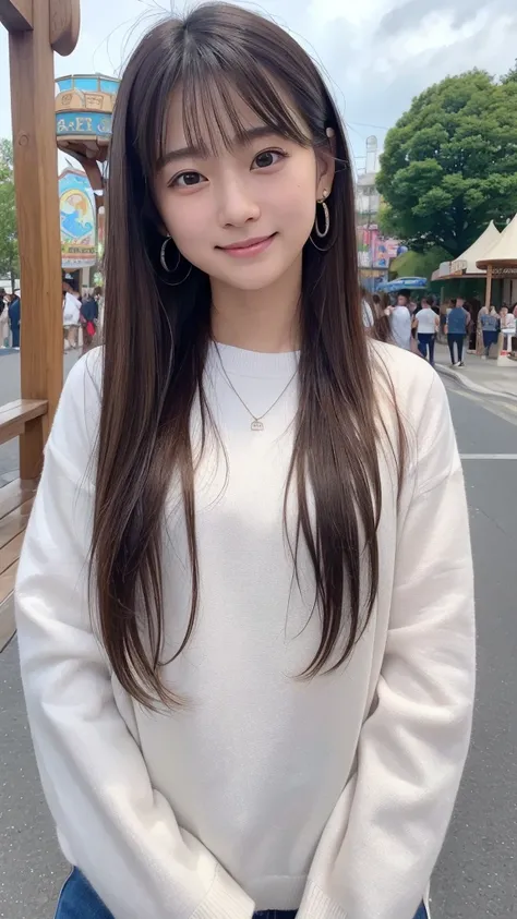 (((masterpiece))), ((photo realistic:1.3)), (highest quality), Japanese girl, 14years old, no make up, thin eyebrows, shiny eyes, big breasts eyes, (broad jawline,puffy face), absolutely long hair , light brown hair, ((messy hair)), small earrings, necklac...