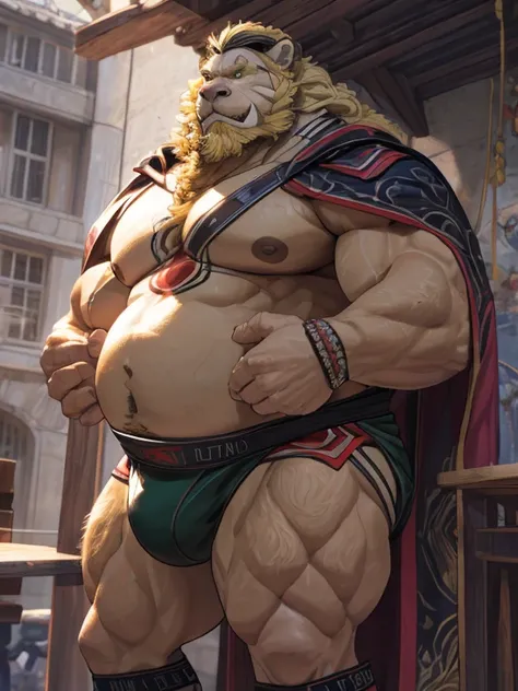 (highres:1.2), ultra-detailed, (realistic:1.37), lion, muscle-bound male, solo, mature, round and chubby belly, large pectorals, biceps, long and blonde mane, chin beard, muscular body, beautiful green eyes, intricately detailed eyes and face, tight-fittin...