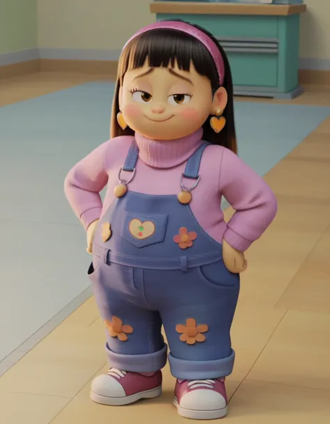 Abby_Park, zpdxl, zPDXLxxx, shy, blushing, narrowed eyes, light smile,

Chubby, plump, fat body, long black hair, hair with bangs, brown eyes,hair band, heart earrings, overalls, pink sweater, Full body,

score_9, score 8, score 7, score 6,

1 girl, flat c...