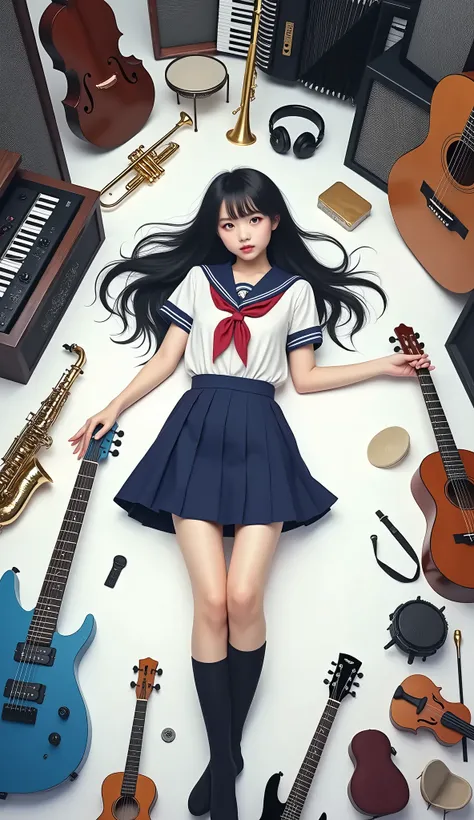 live-action、Genuine、Very beautiful Japanese schoolgirl in uniform、Black Hair、Long Hair、A woman lying on a pure white floor、whole body、A woman is lying on the floor, surrounded by a number of musical instruments.、Blue electric guitar、Wood Bass、trumpet、Bruce...