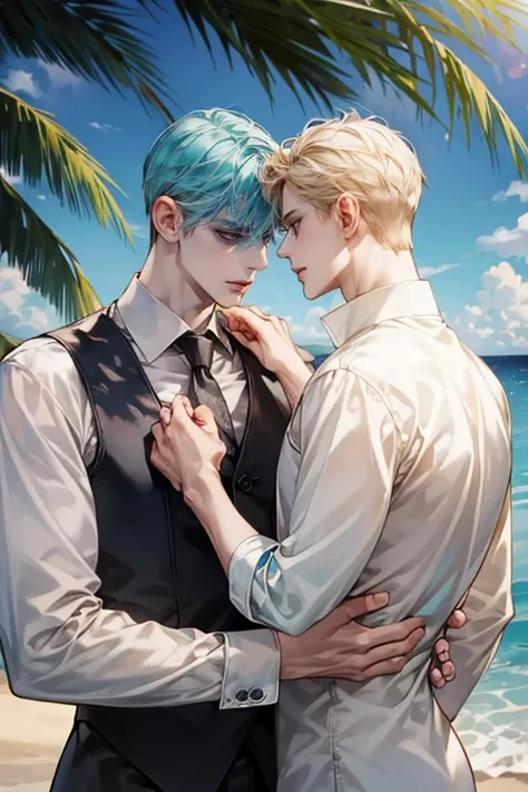 (Masterpiece), (Best Quality), Very detailed, (( two pale male )), Perfect Face, Beautiful Face, Very detail, (Aqua-haired man and blonde-haired man)、stunning, blood stained, sad Expression, white shirt, beach, cold shadow, not facing each other