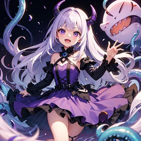 One girl. Young. Long purple hair. Purple eyes. Purple dress, Black Tentacles, Fangs, Cute. Petite, 