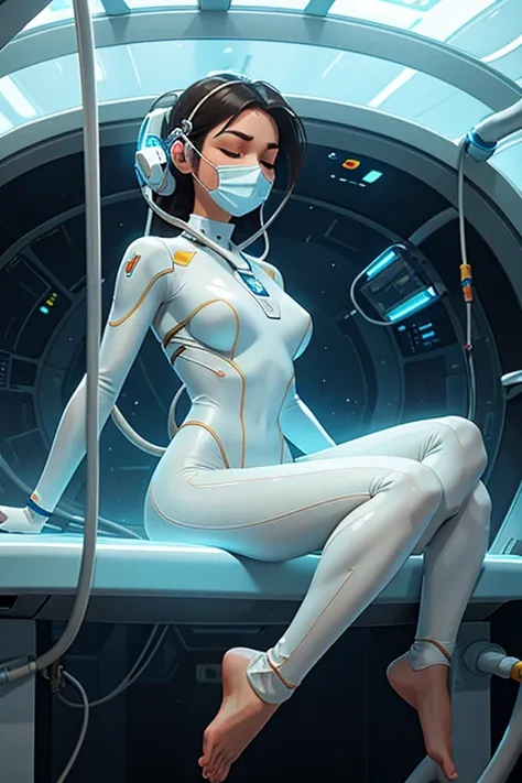 beautiful young, barefoot woman, wearing a white skintight bodysuit and a ventilator mask with hoses and wires, floating in a transparent liquid-filled stasis pod, with her eyes closed, in a futuristic SciFi spaceship