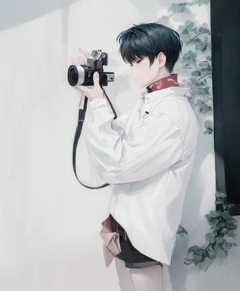 painting of a boy holding a camera and taking a picture, kim doyoung, by Choi Buk, inspired by Bian Shoumin, official fanart, inspired by Kim Myeong-guk, jinyoung shin, inspired by jeonseok lee, korean artist, by Ni Zan, inspired by Yeong-Hao Han, jinyoung...